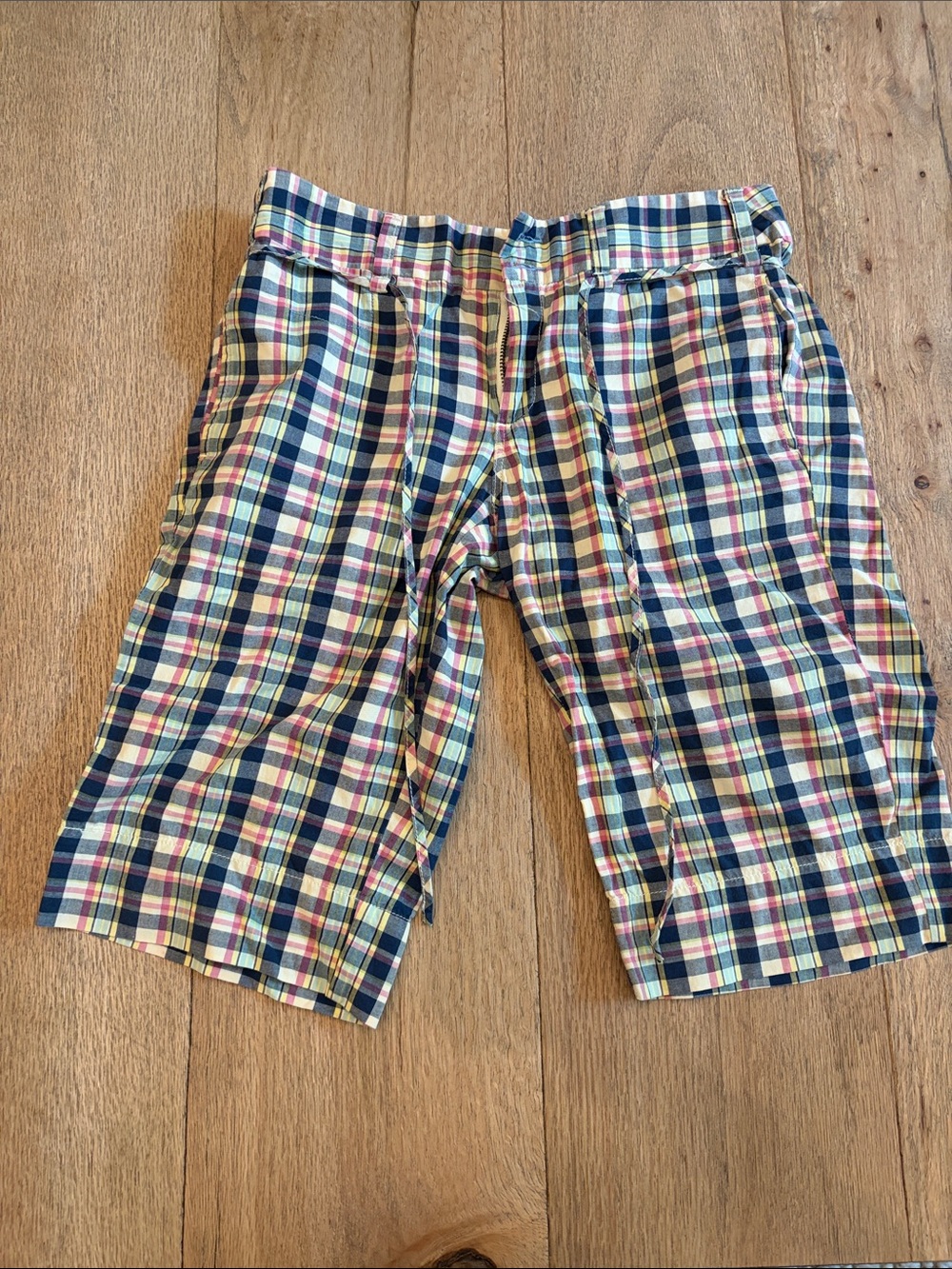 Women's Plaid Bermuda Shorts in Navy, Yellow & Pink
